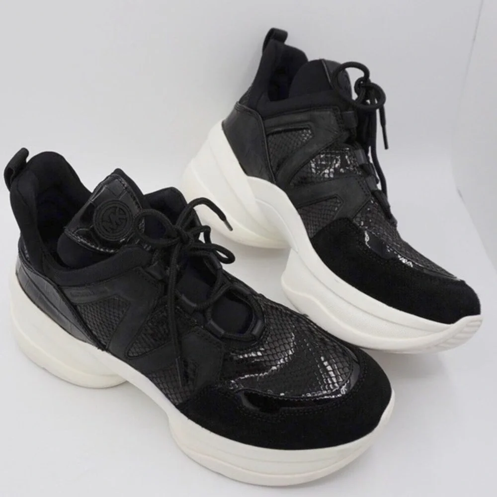 Michael Kors Olympia Trainer Black‎ Snake Embossed Platform Sneakers 11 36-16